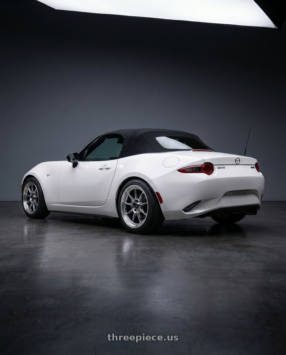 2024 ND3 MX5 with Konig Countergram 4x100 15x8+25 Hyper Chrome / Machined Lip wheels rear three quarter view square tires