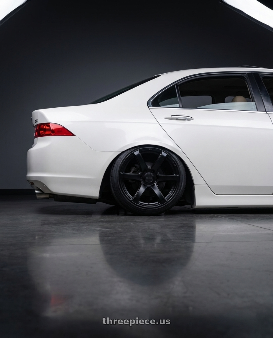 2005 Acura tsx with Enkei Cyclone 6x135 18x9+12 Matte Black wheels rear three quarter view slight stretch tires