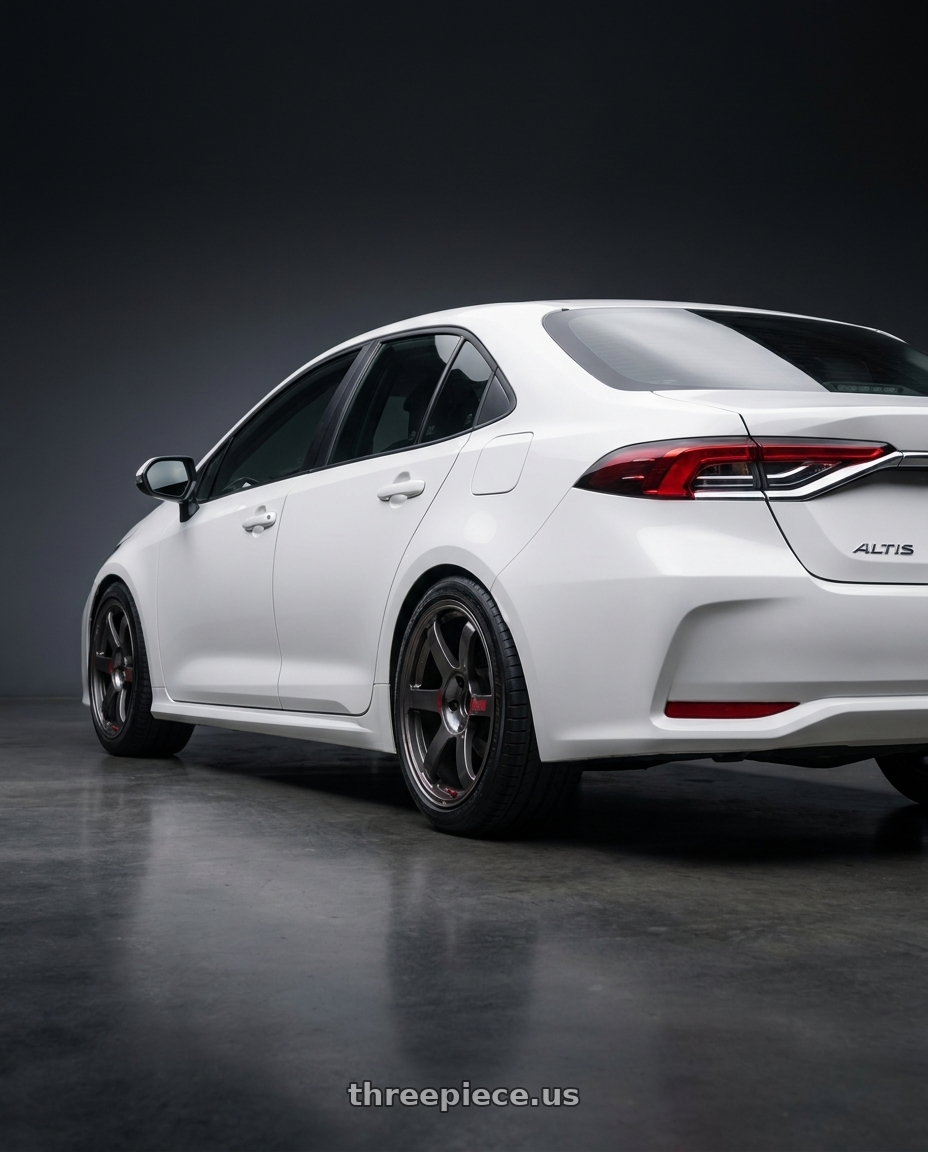 2020 TOYOTA ALTIS White with Volk Racing TE37 Saga SL 5x100 18x8.5+45 Pressed Graphite wheels rear three quarter view square tires
