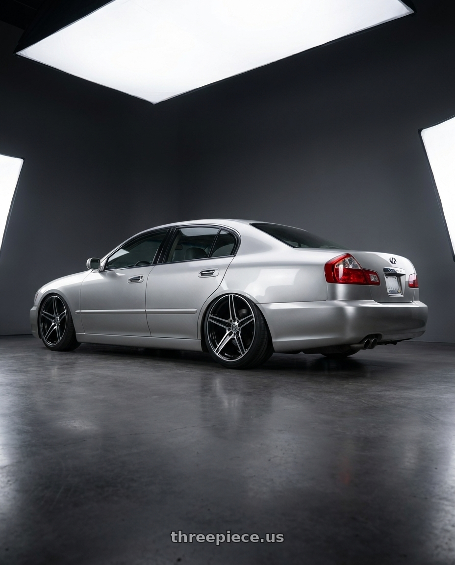 2002 Infiniti Q45 with G - LINE ALLOYS G5067 5x114.3/5x120 17x7.5+35 BLACK / MACHINED wheels rear three quarter view square tires