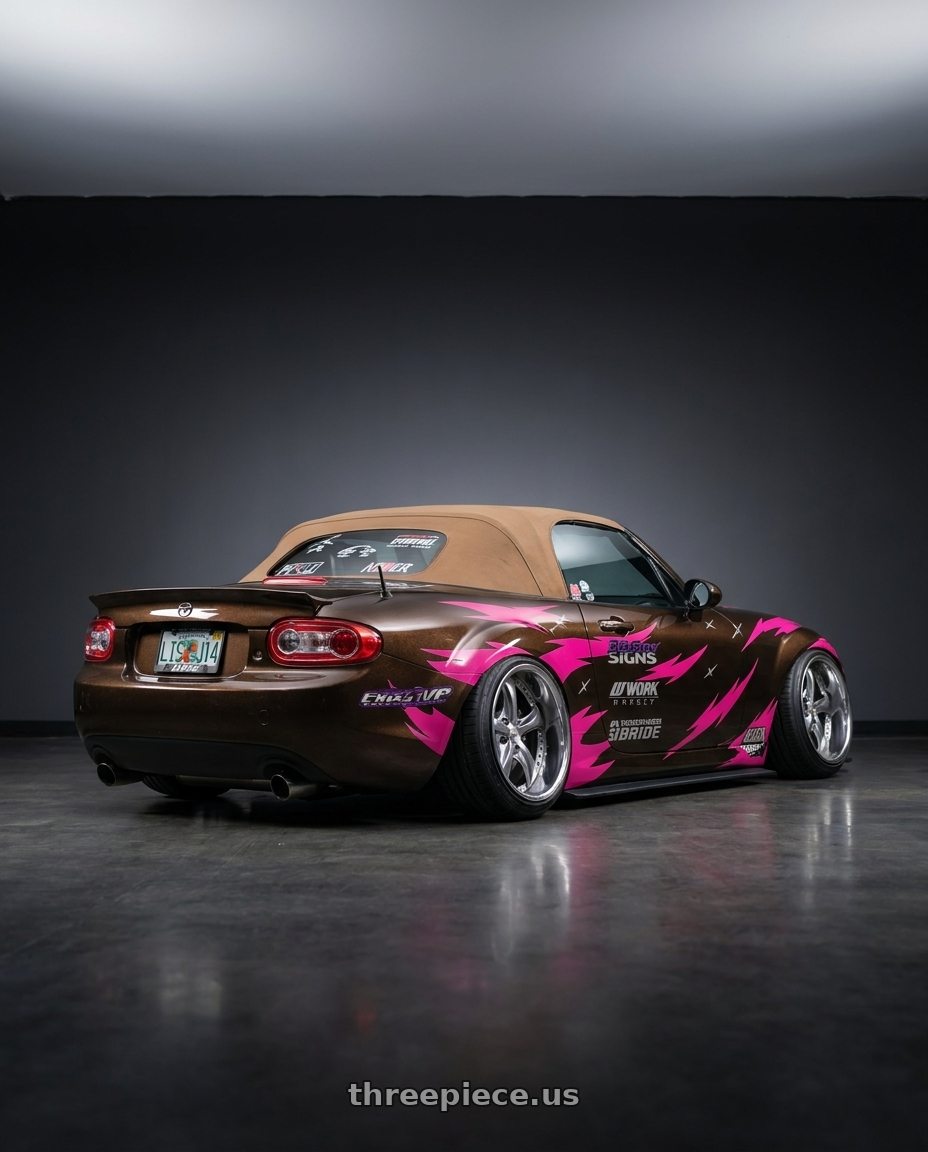 2012 Mazda miata with Work Wheels VS-KF 5X114.3 19x8-10 Brilliant Silver Black L Disk FULL REVERSE wheels rear three quarter view extreme stretch tires