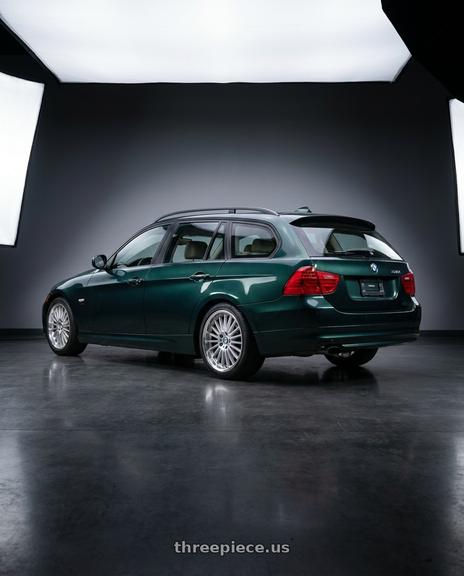 2008 BMW 328i, Deep Green Metallic with Beyern MULTI 5X120 17X8 +30 SILVER W/ MIRROR CUT LIP wheels rear three quarter view square tires
