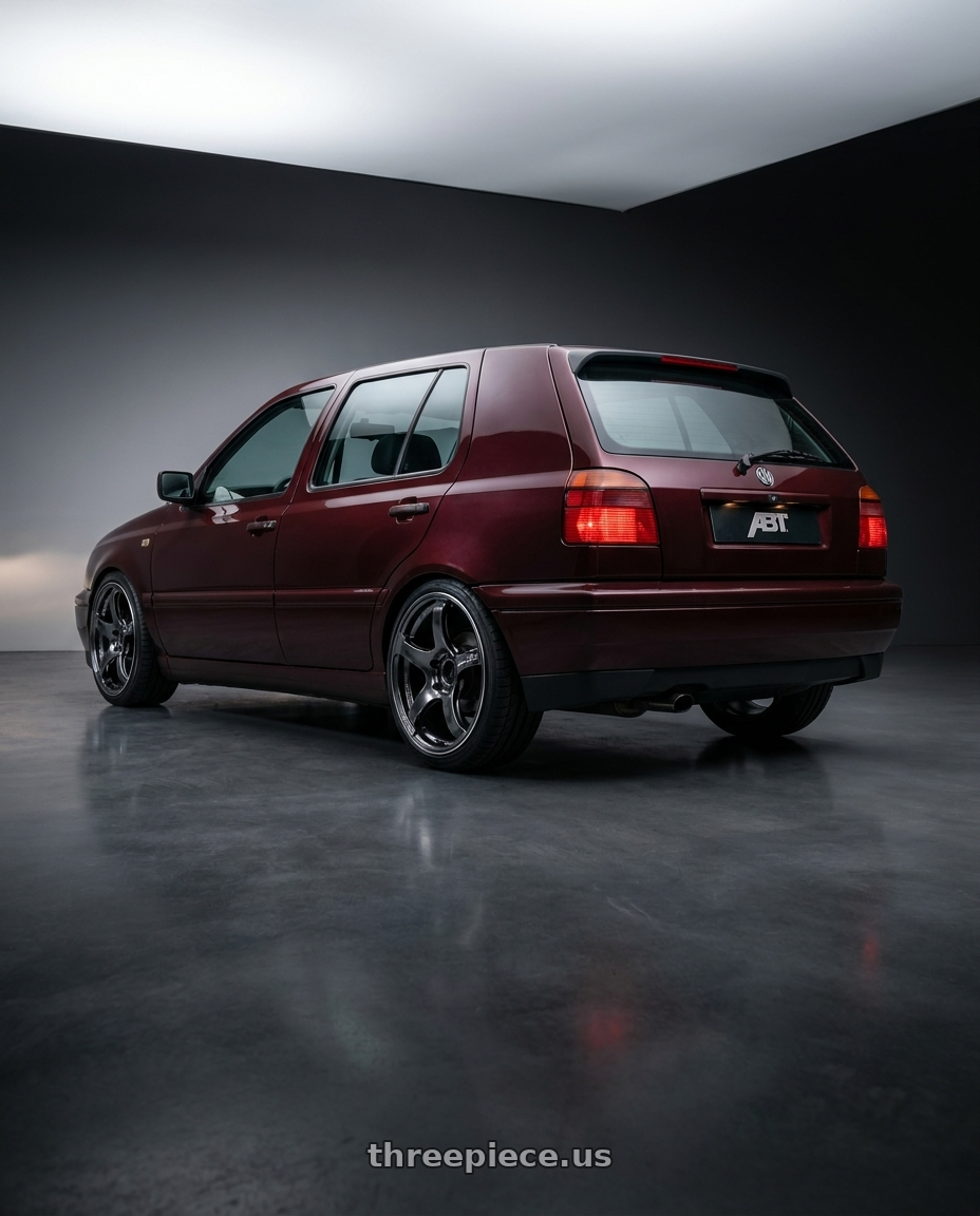 1995 vw golf mk3 hatchback ABT , Dark Burgundy Pearl with Advan Racing TC4 5x120 18x9.5 +38 BLACK CHROME wheels rear three quarter view square tires