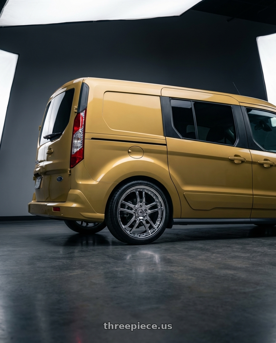 2014 ford transit connect lwb, gold with Azara AZA-526 5x100/5x114.3 18x8 +35 Nano Chrome wheels rear three quarter view square tires