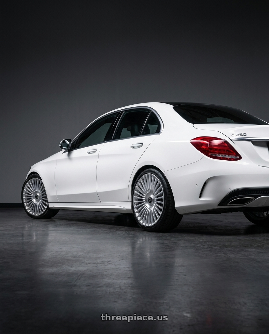 2014 w205 c250 with DOLCE LUXURY TRENTO 5x112/5x120 22x10.5 +35 Glossy Silver Brush Face wheels rear three quarter view square tires