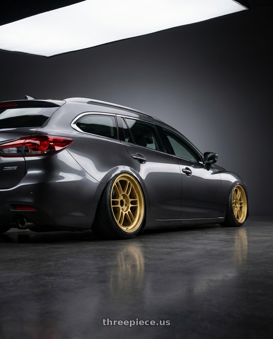 2022 Mazda6 wagon with Enkei RPF1 5x114.3 18x8.5+40 Gold wheels rear three quarter view slight stretch tires
