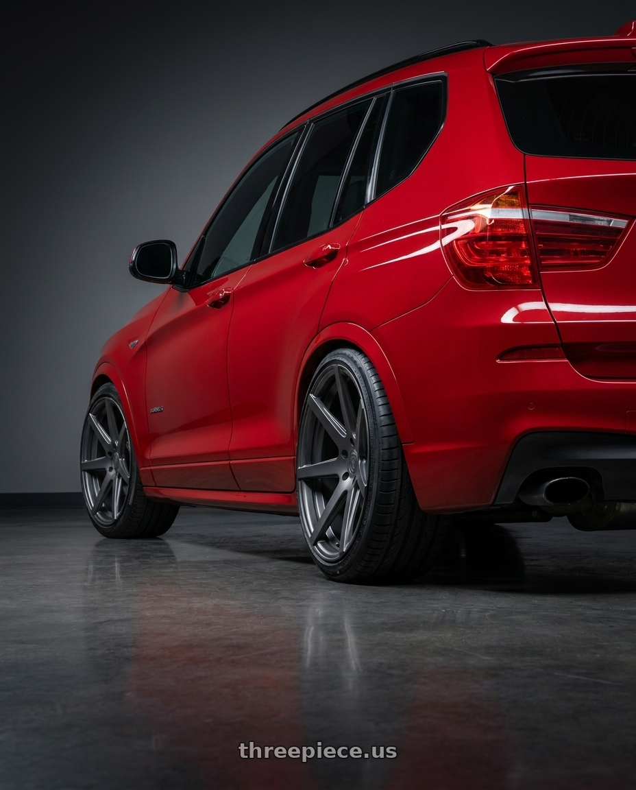 2017 x3 Msport with Rohana RC7 5x120 20x10+25 Matte Graphite wheels rear three quarter view extreme stretch tires
