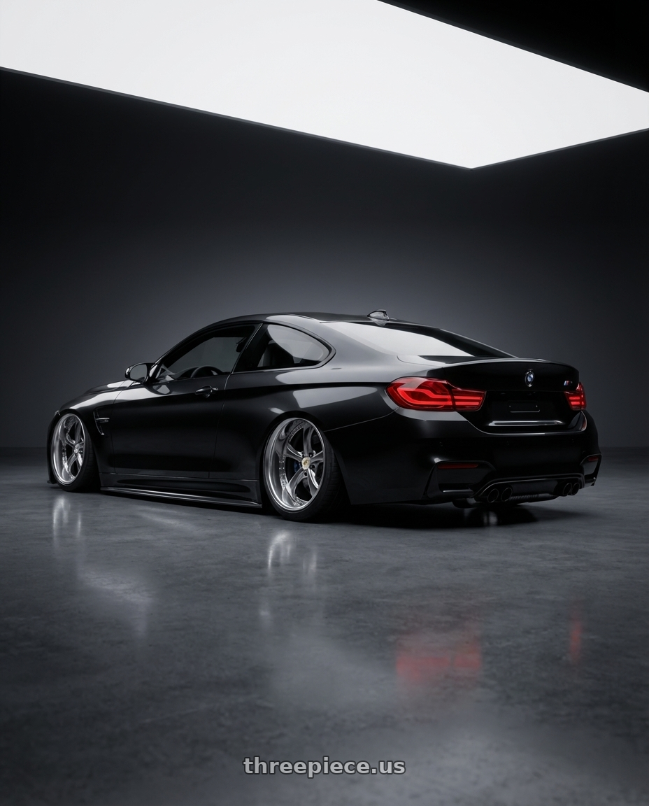 2019 BMW M4 with Work Wheels VS-KF 5X114.3 19x7.5+34 Brilliant Silver Black A Disk FULL REVERSE wheels rear three quarter view extreme stretch tires