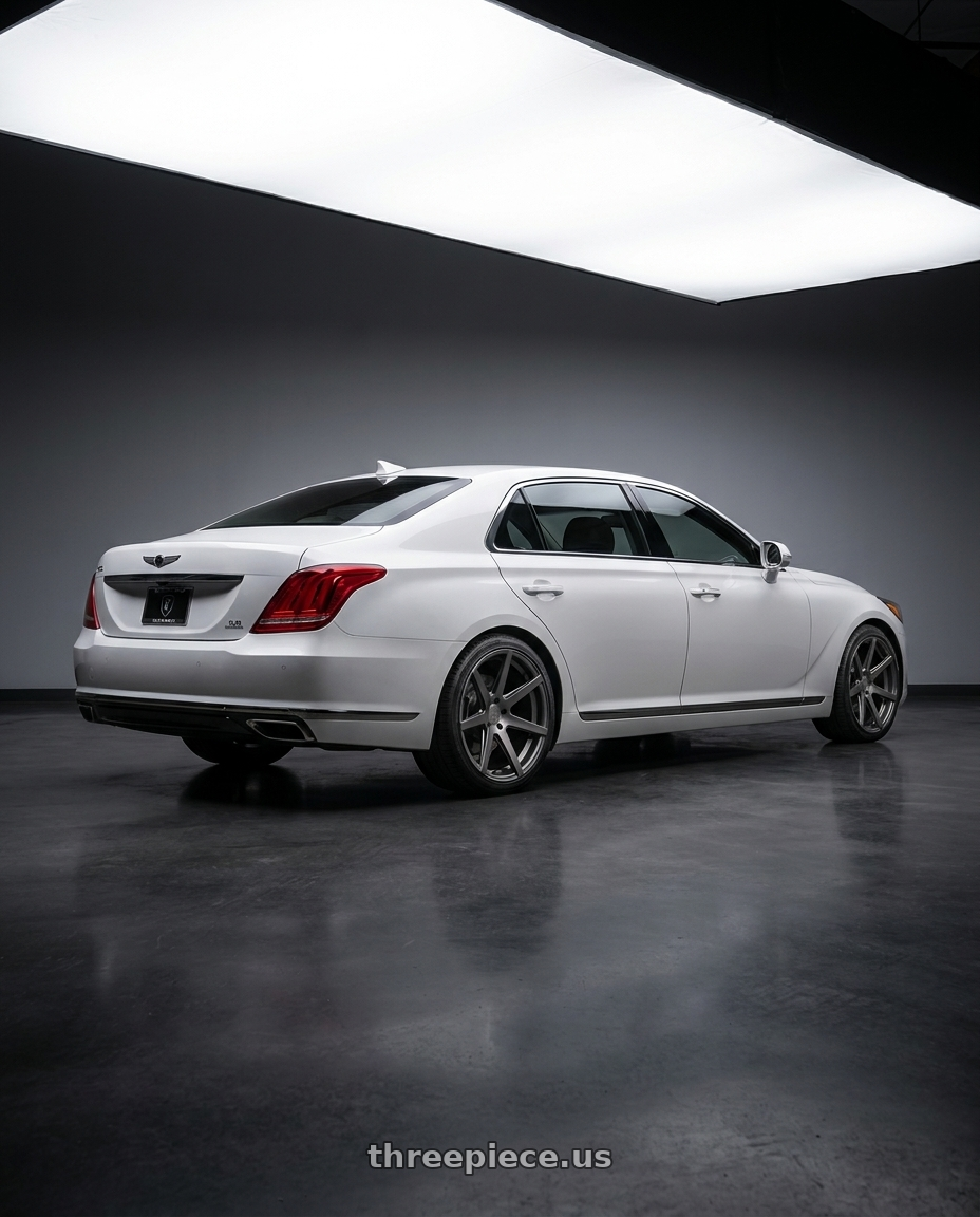 2018 genesis g90 ultimate with Rohana RC7 5x114.3 20x9+32 Matte Graphite wheels rear three quarter view square tires