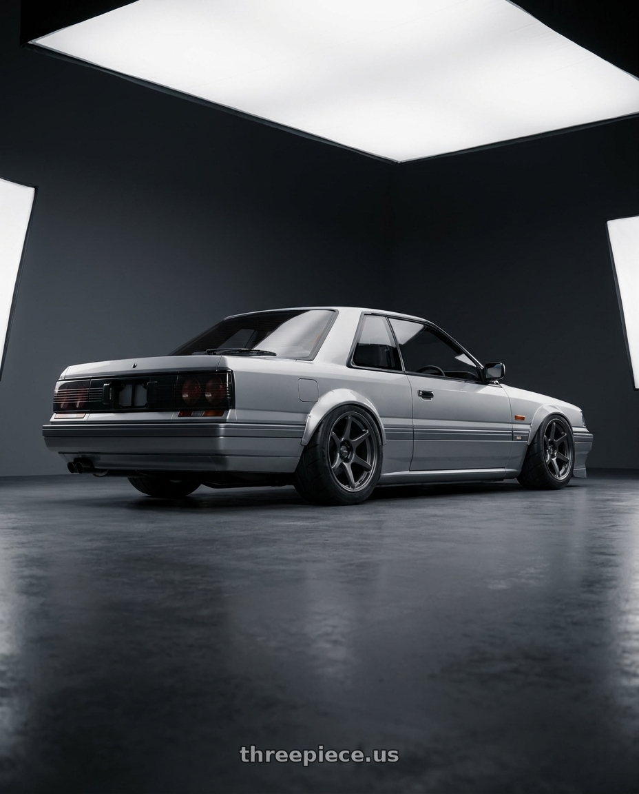 1990 Nissan Skyline GTS R31 with Kansei K11G Tandem 5x114.3 18x10.5 12 Gunmetal wheels rear three quarter view meaty tires