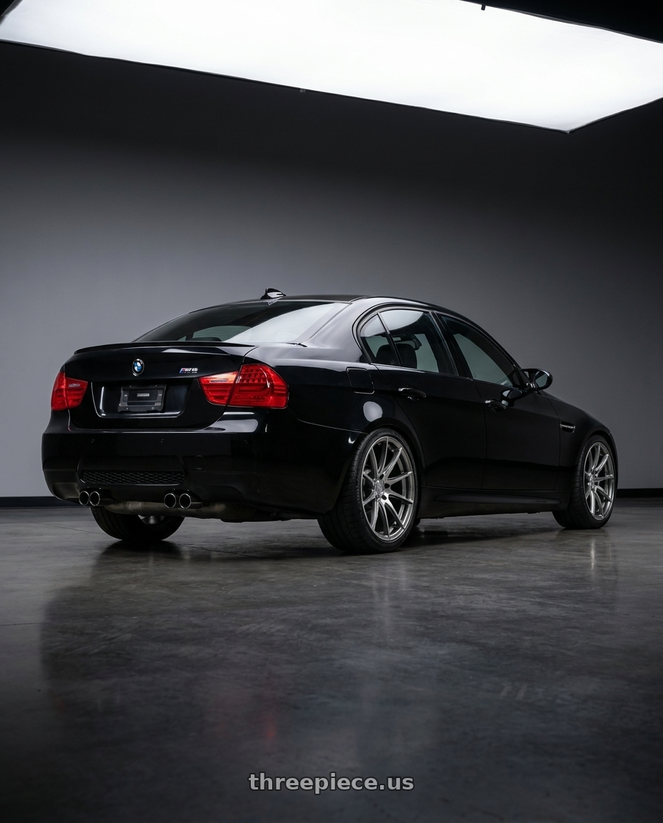 2010 Bmw E90 M3 with Aodhan AH09 5x112 18x8.5 +35 Hyper Black wheels rear three quarter view square tires
