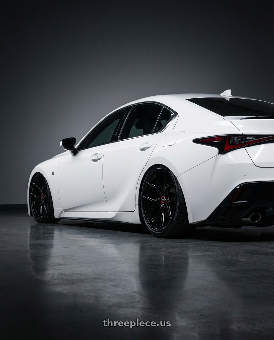 2024 Lexus IS 350 with Vossen HF-5 19x9.5 / 5x114.3 / ET40 / Deep Face / 73.1 - Gloss Black Wheel - HF5-9N63 wheels rear three quarter view slight stretch tires