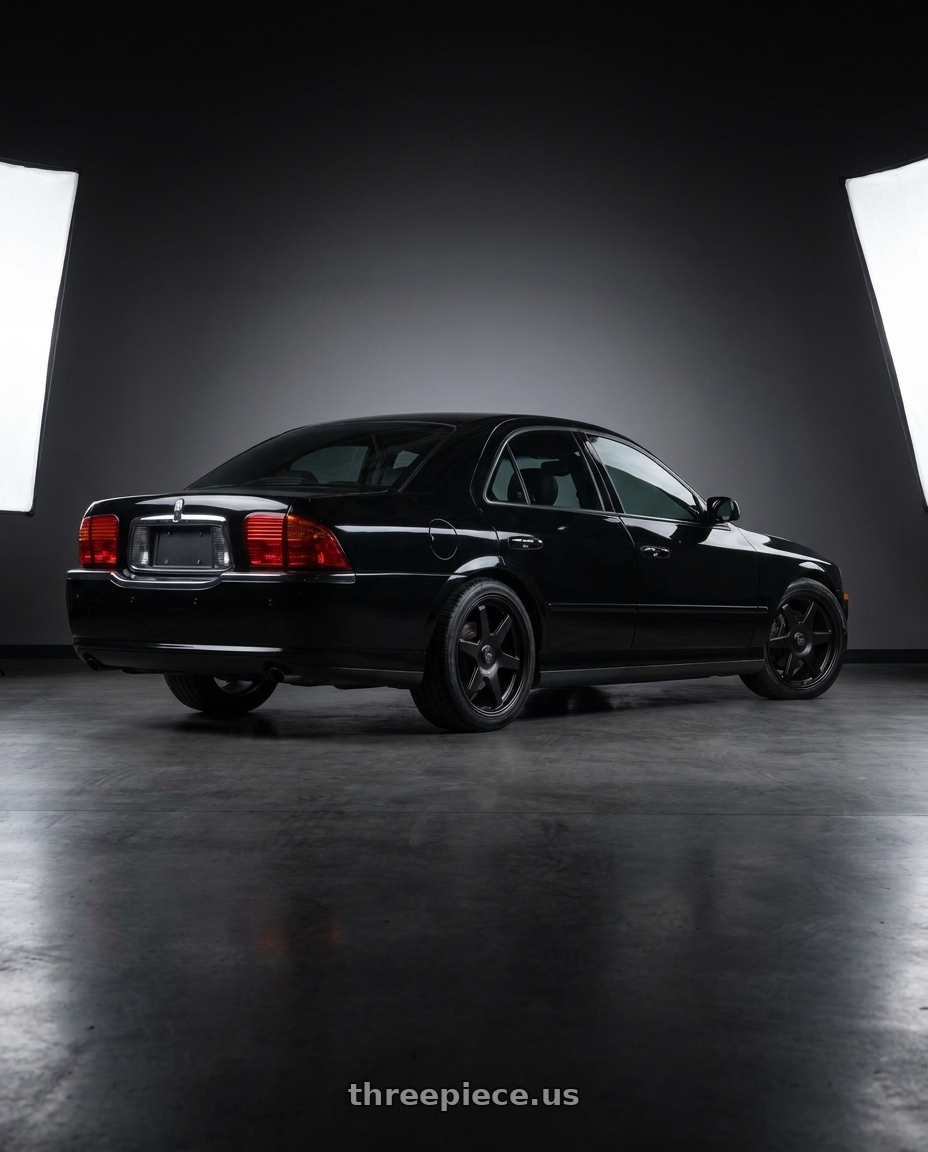 2004 lincoln ls v8 with V�xx Riva 5x108/5x114.3 17x7.5+40 Matte Black wheels rear three quarter view square tires