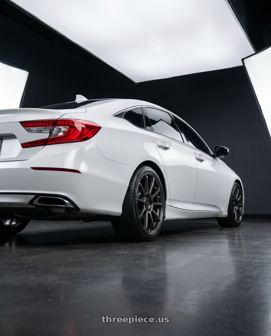 2020 Honda accord with Enkei PX-10 5x114.3 19x8+45 Gunmetal wheels rear three quarter view square tires