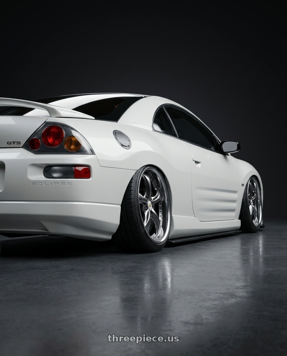 2003 mitsubishi eclipse gts with Work Wheels VS-KF 5x114.3 18x9.5+9 Brilliant Silver Black A Disk FULL REVERSE wheels rear three quarter view extreme stretch tires