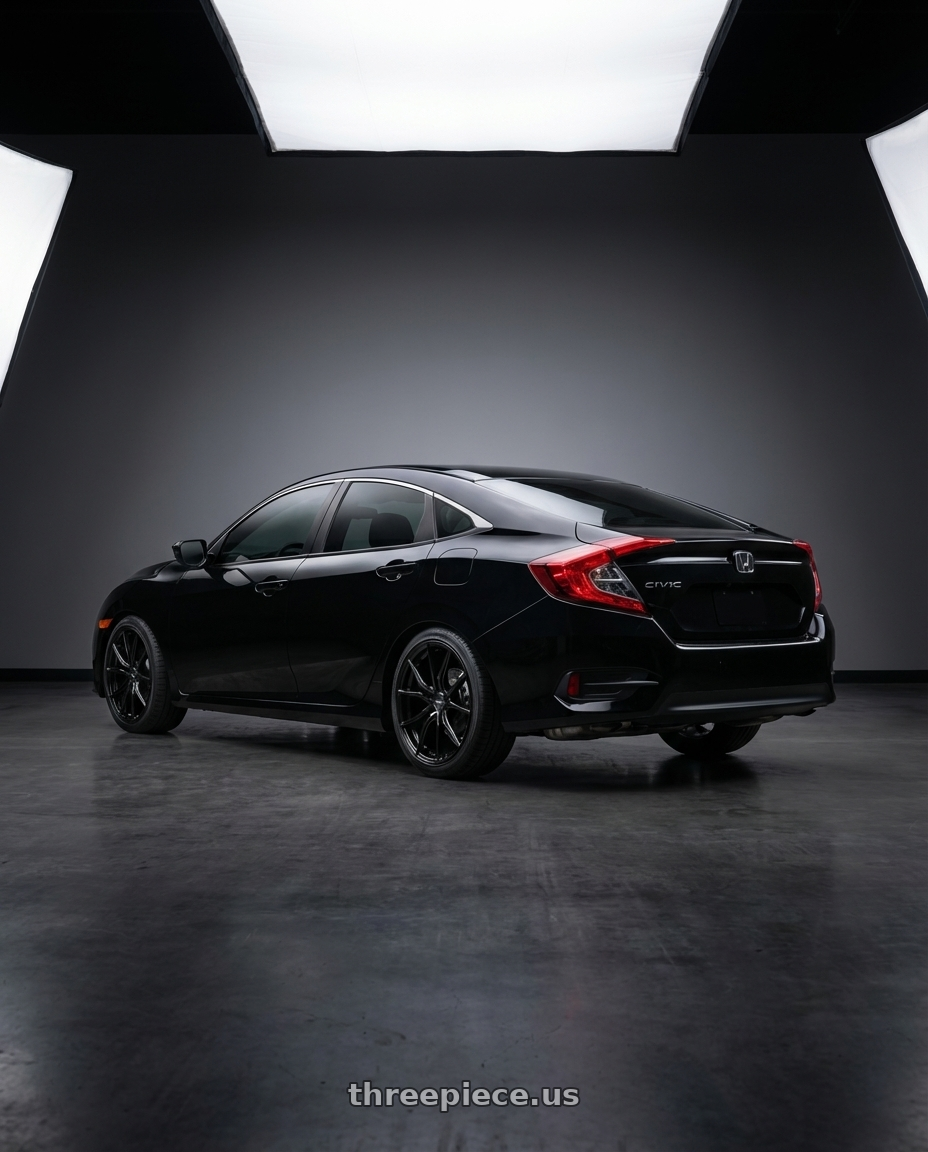 2016 Honda Civic LX with Advanti Racing 80B Hybris 5X120 19x9.5 +35 Gloss Black wheels rear three quarter view square tires