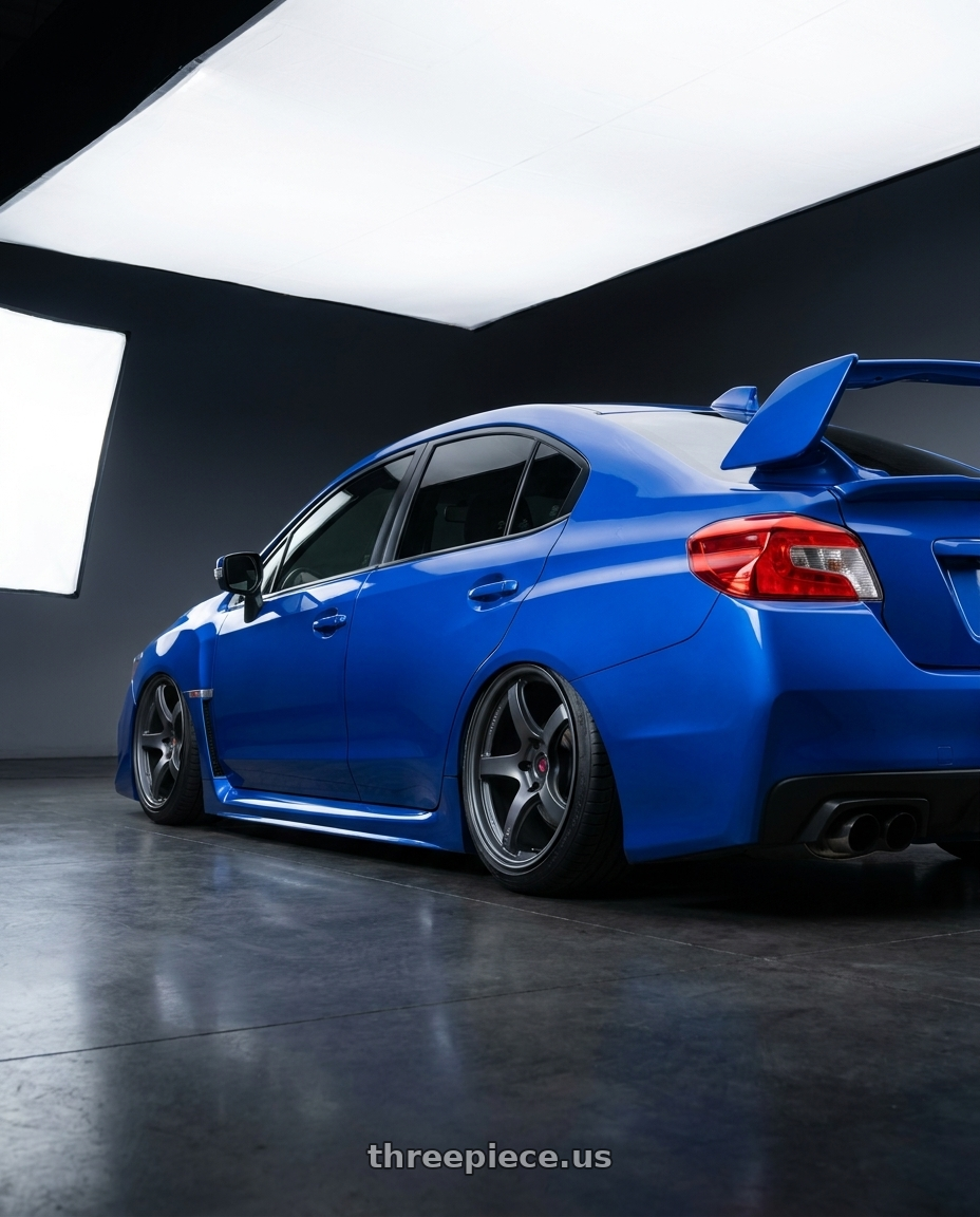 2013 Subaru WRX STI with Gram Lights 57CR 5x114.3 18x10.5+12 Gunblue II wheels rear three quarter view slight stretch tires