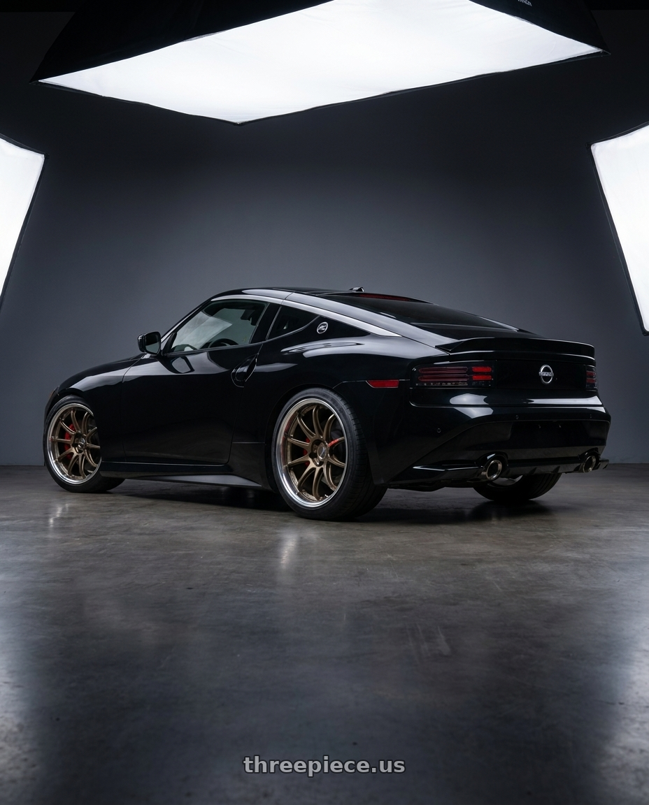 2024 nissan z with Work Zr10 2P 5x114.3 20x9.5 +18 Matte Bronze wheels rear three quarter view square tires
