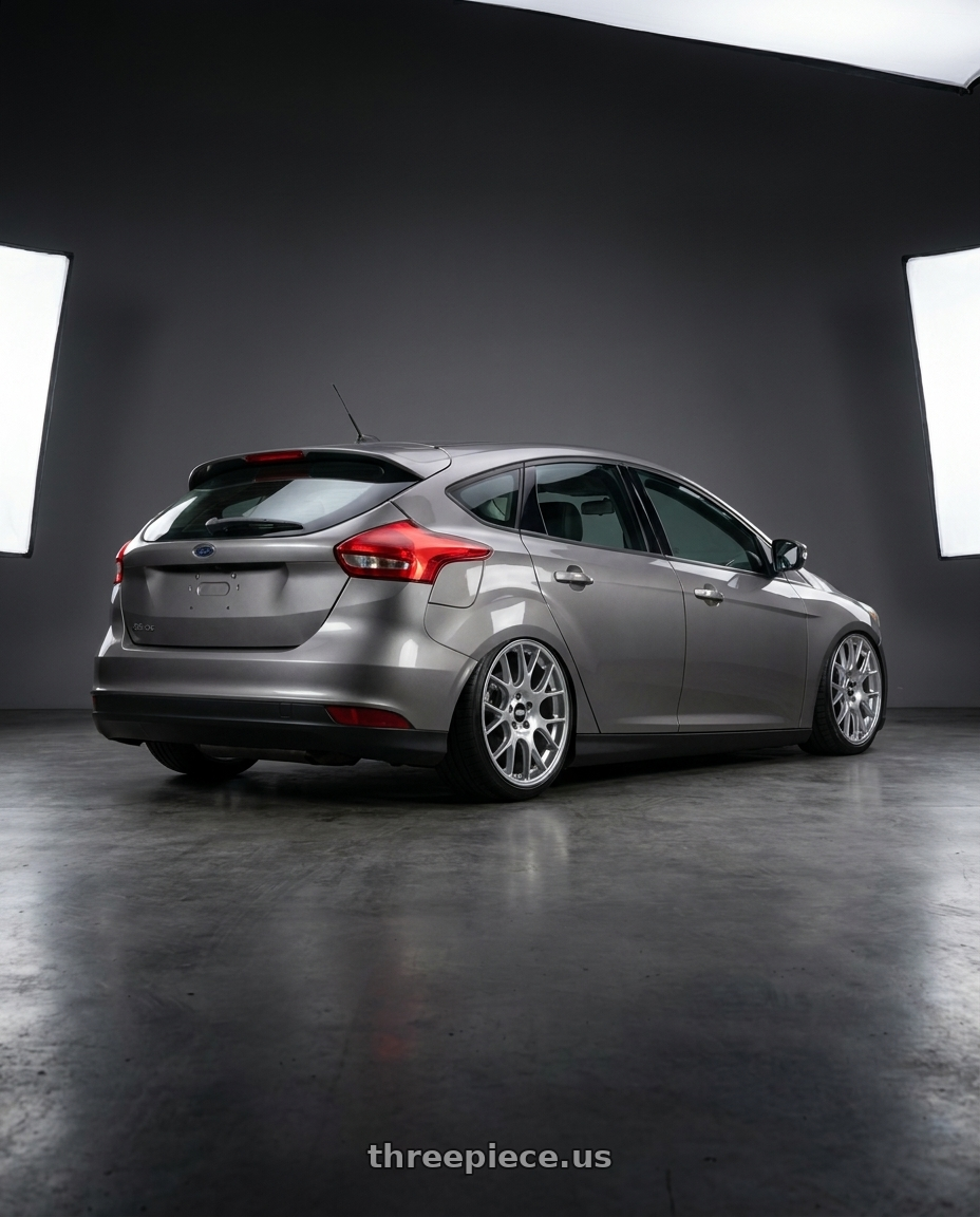 2017 Ford focus with BBS CH-R 5x130 19x8.5 +51 Brilliant Silver Polished Rim Protector wheels rear three quarter view slight stretch tires