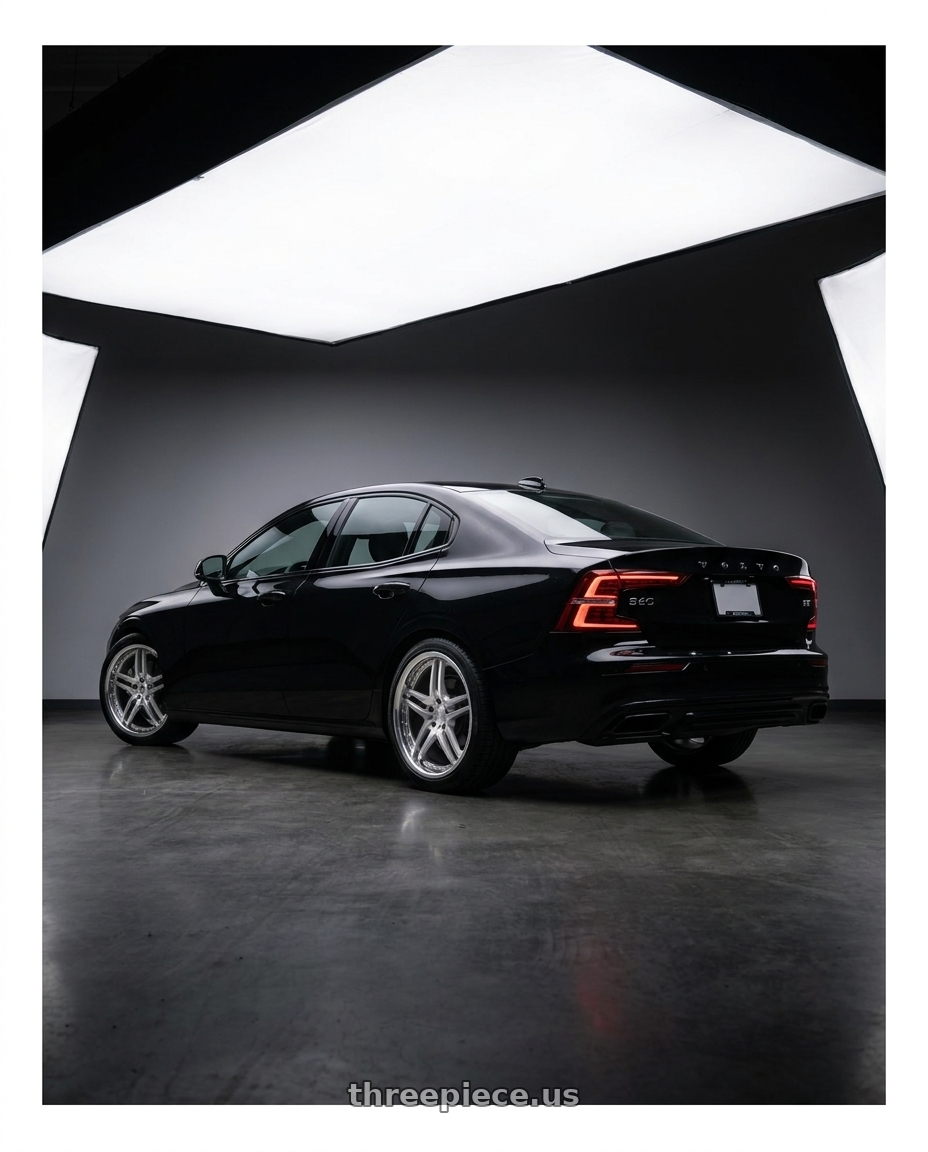 2020 Volvo S60 T6 R-Design with MRR RW2 5x108 19x8.5  +35 Silver Machine Face Chrome Lip wheels rear three quarter view square tires