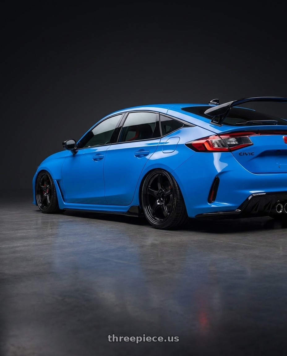 2024 Honda Civic Type R with Gram Lights 57CR 5x120 19x8.5+35 Glossy Black wheels rear three quarter view slight stretch tires