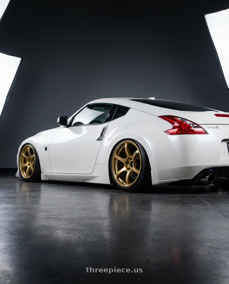 2019 Nissan 370Z with Advan RGIII 5x114.3 19x9.0+25 Gold wheels rear three quarter view slight stretch tires