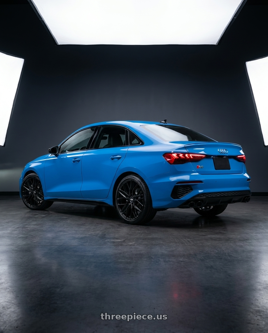 2023 Audi S3 with Niche 1PC M224 GAMMA 5X112 19X8.5 +42 GLOSS BLACK wheels rear three quarter view square tires
