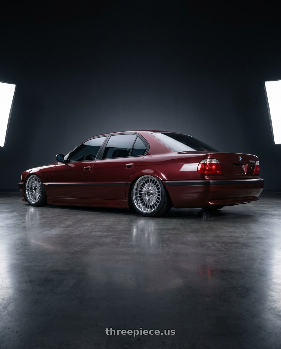 2001 bmw 740il with Work Emitz Chrome 5x120 19x8.0 +12 wheels rear three quarter view square tires