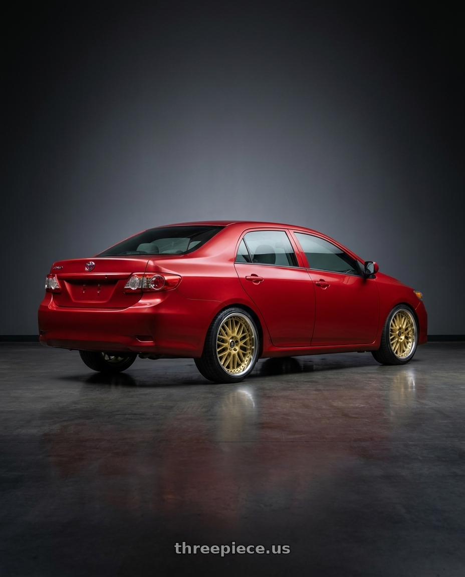 2012 toyota corolla with Work Vs-Xx 5x100 18x12+13 A Disk Gold wheels rear three quarter view square tires