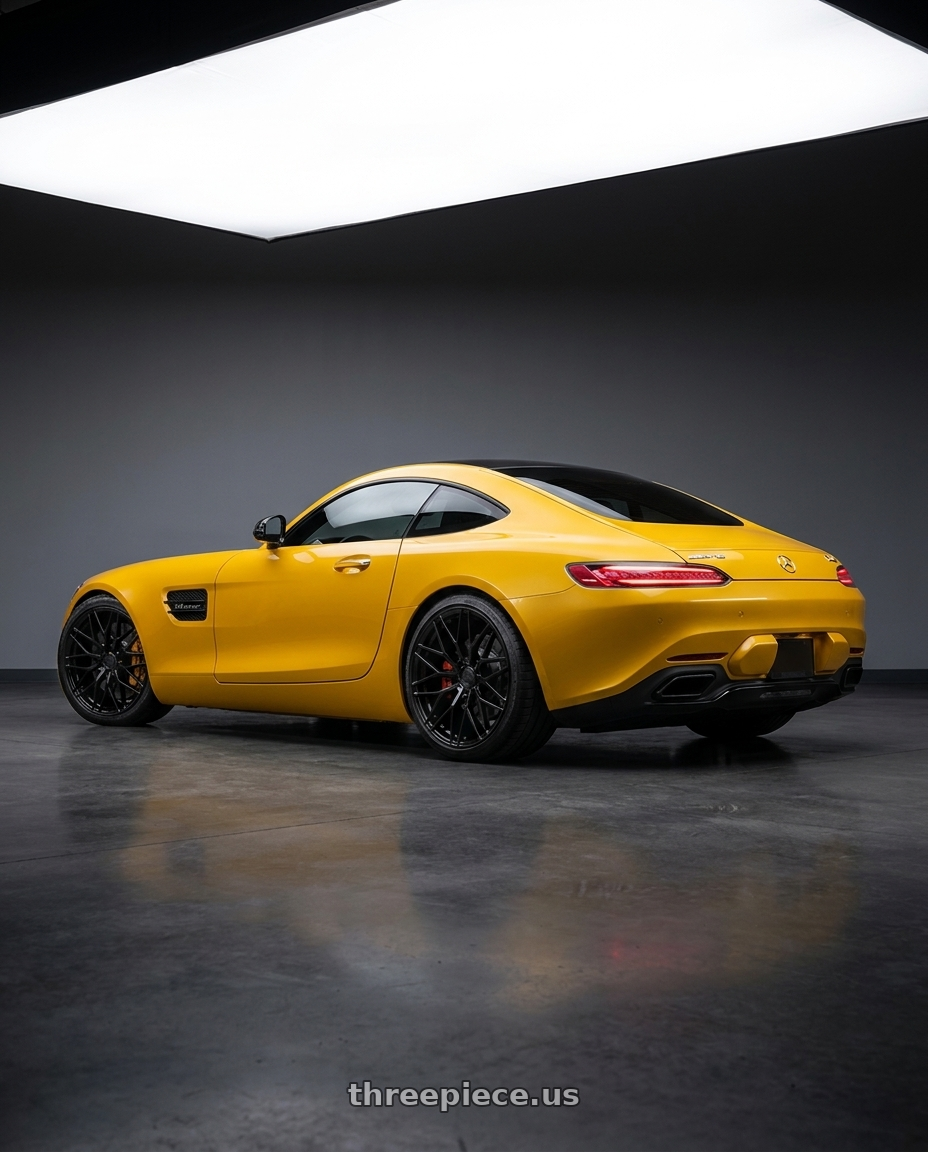 2019 Mercedes-Benz AMG GT with Avant Garde Wheels M520R 5X112 19x9.5 +40 Gloss Black wheels rear three quarter view square tires