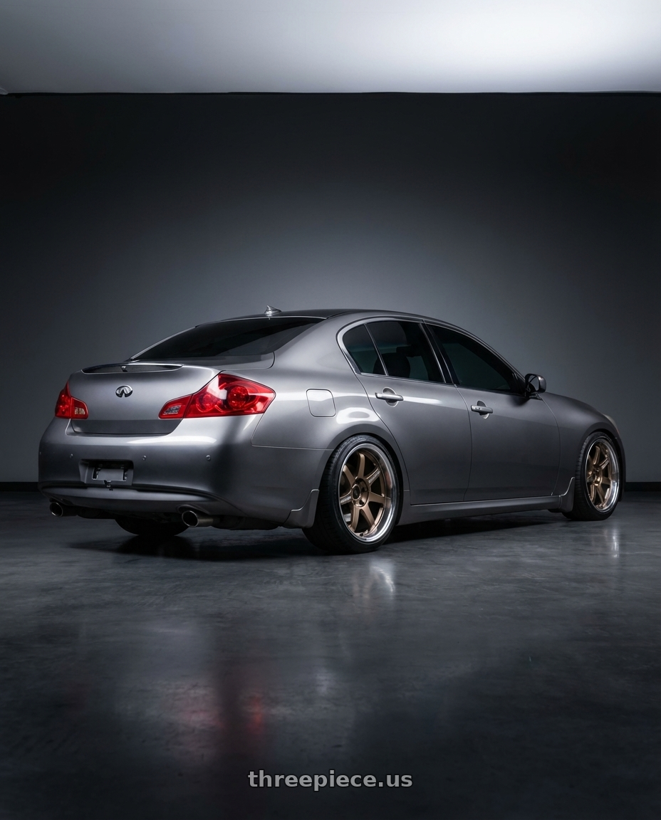 2007 Infiniti G35s with Volk Racing 21C SPEC-SR 5x114.3 18x10.5 +15 SHINING BRONZE METAL / RIM DC wheels rear three quarter view slight stretch tires