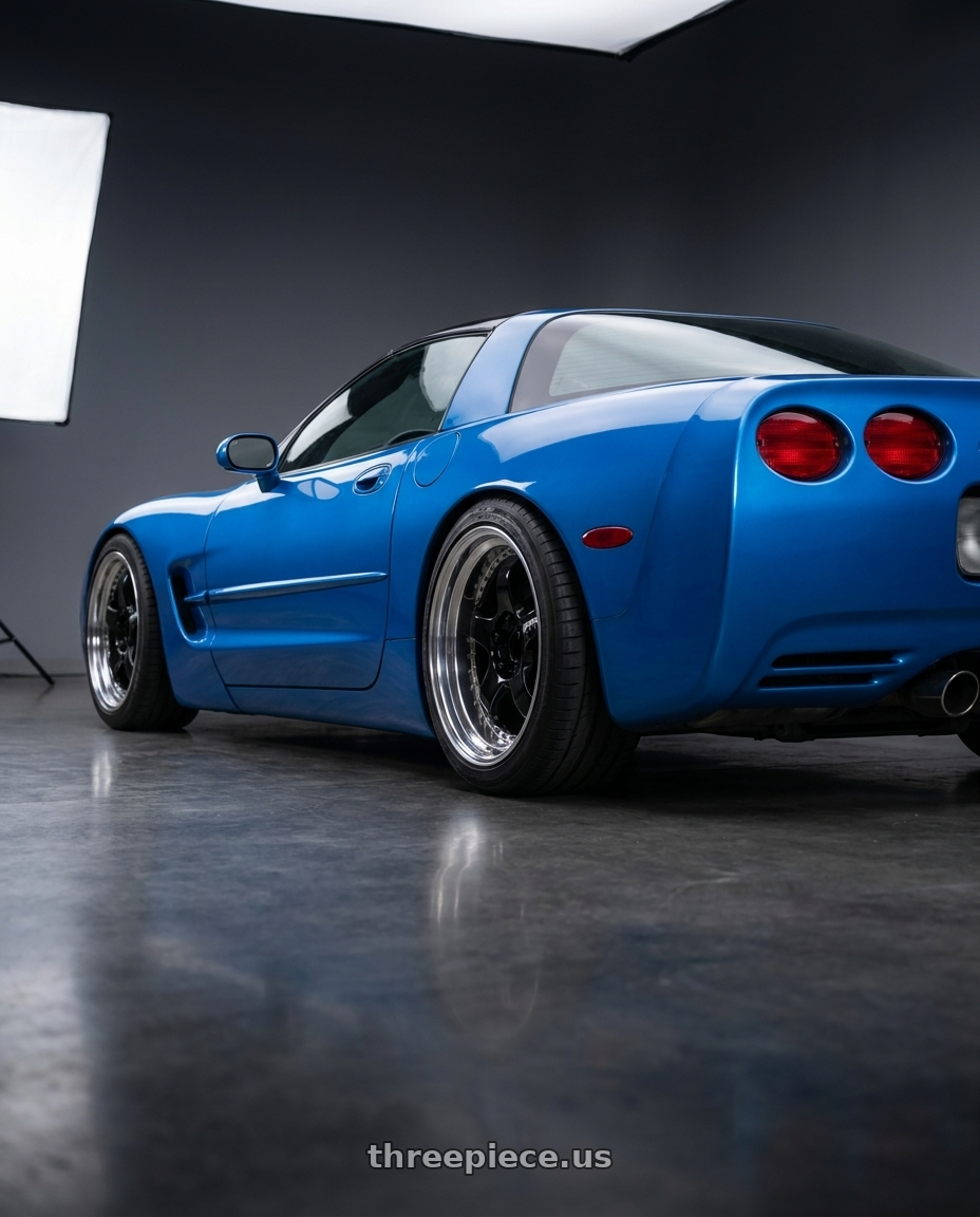 1998 Chevrolet corvette base Nassau with Work Meister S1 3P 5x100 18x10.5+29 A Disk Black wheels rear three quarter view slight stretch tires