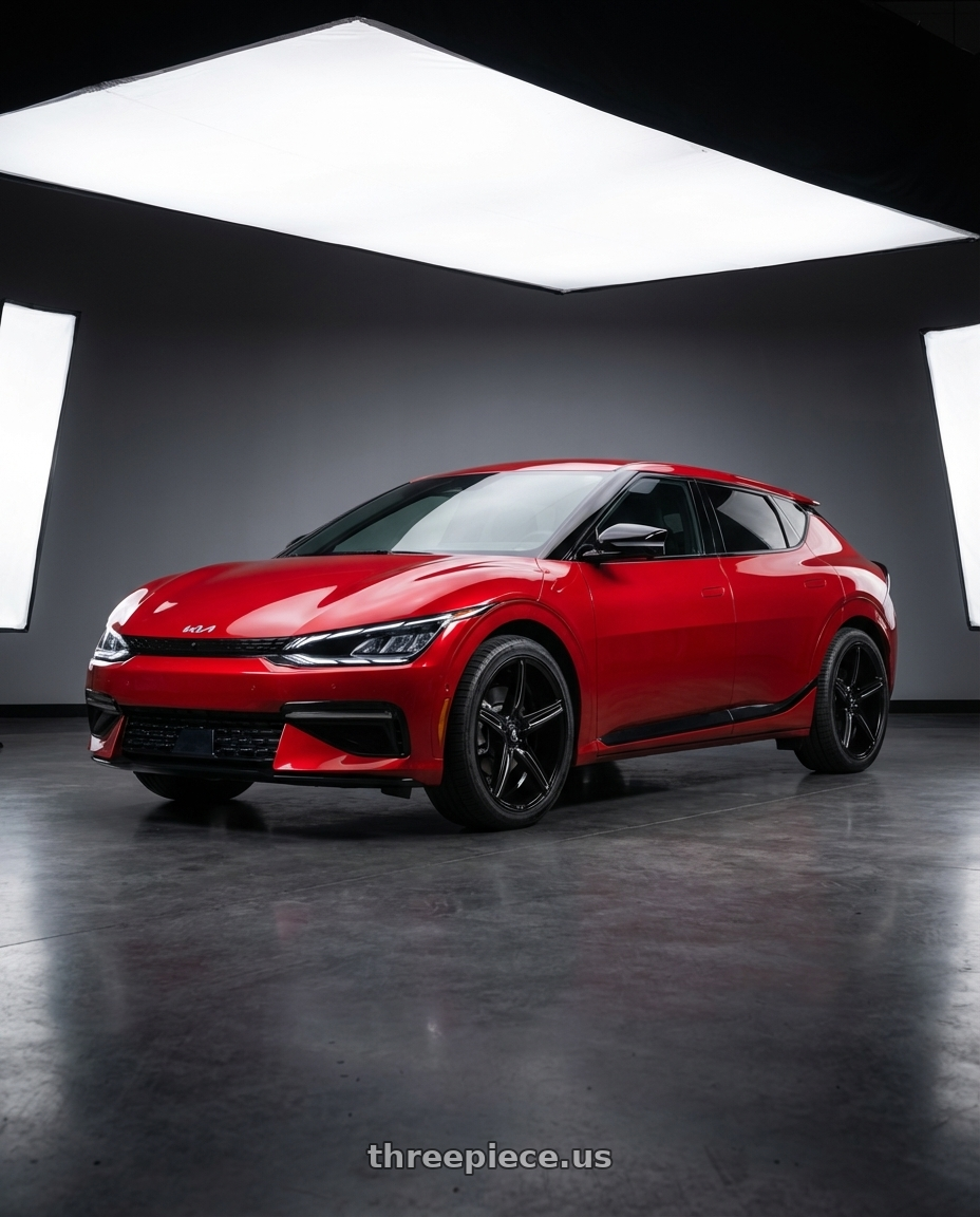 2024 kia ev6 with Asanti Black ABL-22 ALPHA 5 5X112 20X8.5 +38 GLOSS BLACK MILLED wheels front three quarter view stock stance