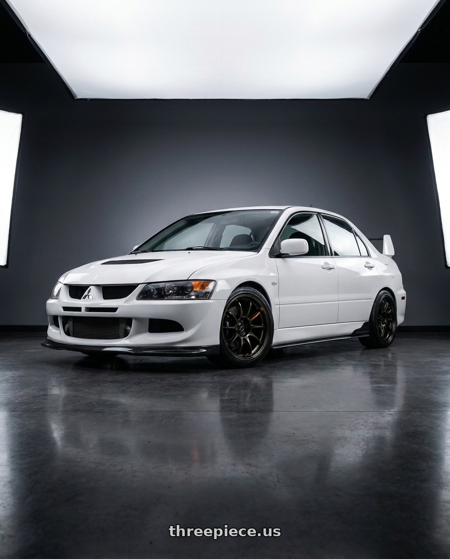 2003 Mitsubishi lancer evolution white with Work Emotion Zr10 5x114.3 18x8.5 +32 Titanium Diamond Lip Cut wheels