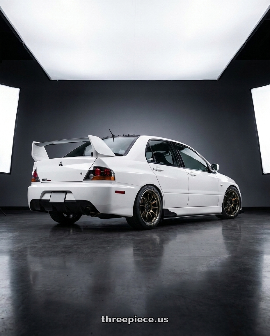 2003 Mitsubishi lancer evolution white with Work Emotion Zr10 5x114.3 18x8.5 +32 Titanium Diamond Lip Cut wheels rear three quarter view square tires
