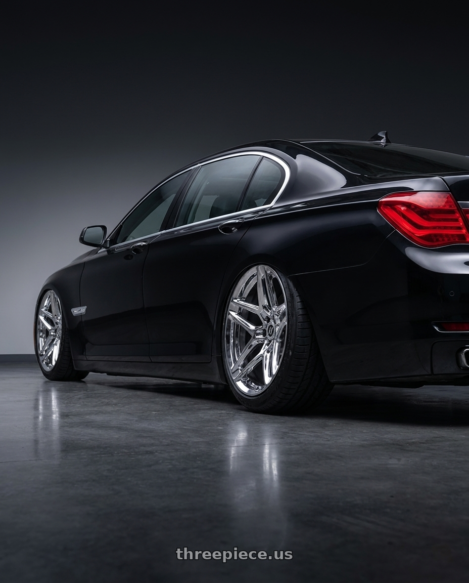 2011 BMW 750li with HERITAGE WHEEL EBISU MONOC 5x120 19x9.5 +38 CHROME wheels rear three quarter view meaty tires