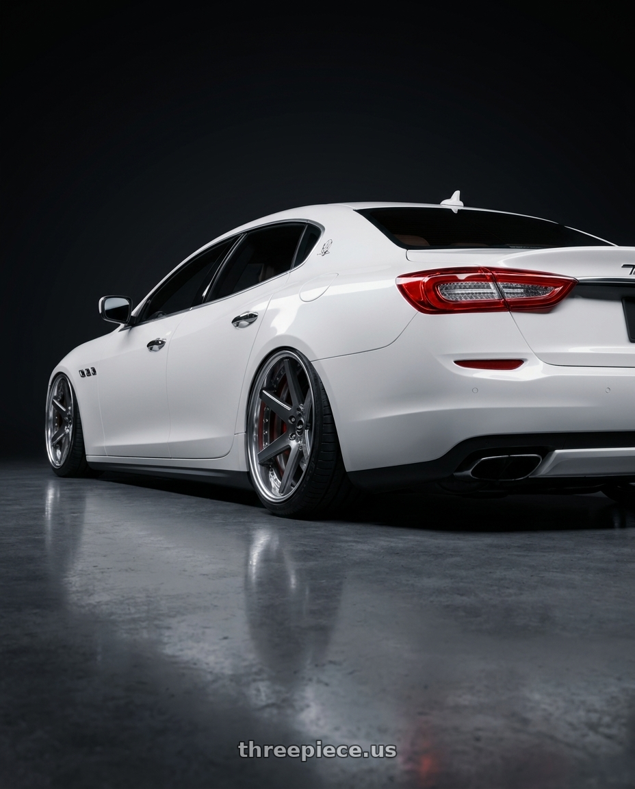 2014 maserati quattroporte gts  with Work Zeast Black Label Bst1 5x114.3 20x11+45 W Disk Brilliant Silver Black wheels rear three quarter view square tires