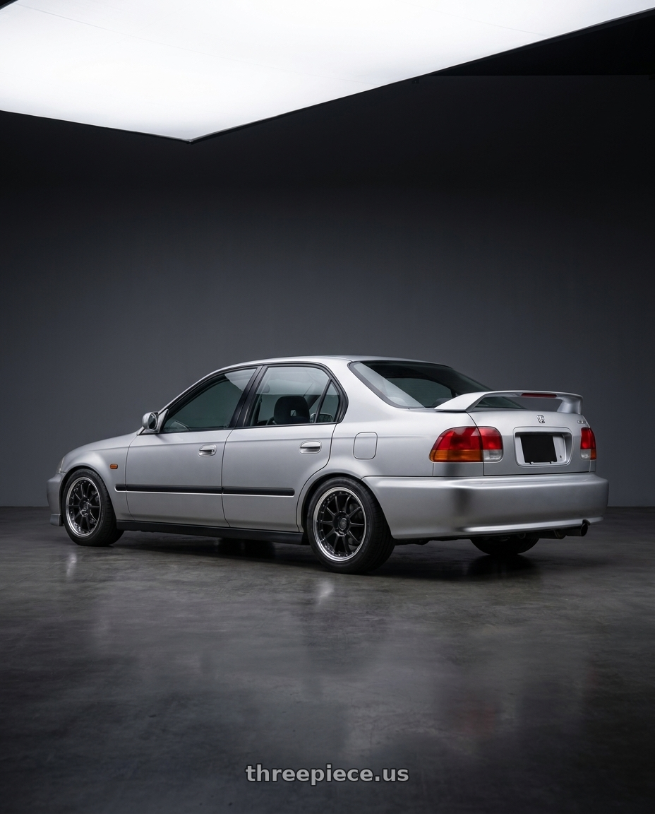 1999 honda civic with SSR Professor TF1R 4X100 16X7+38 NR Disk Flat Black wheels rear three quarter view square tires