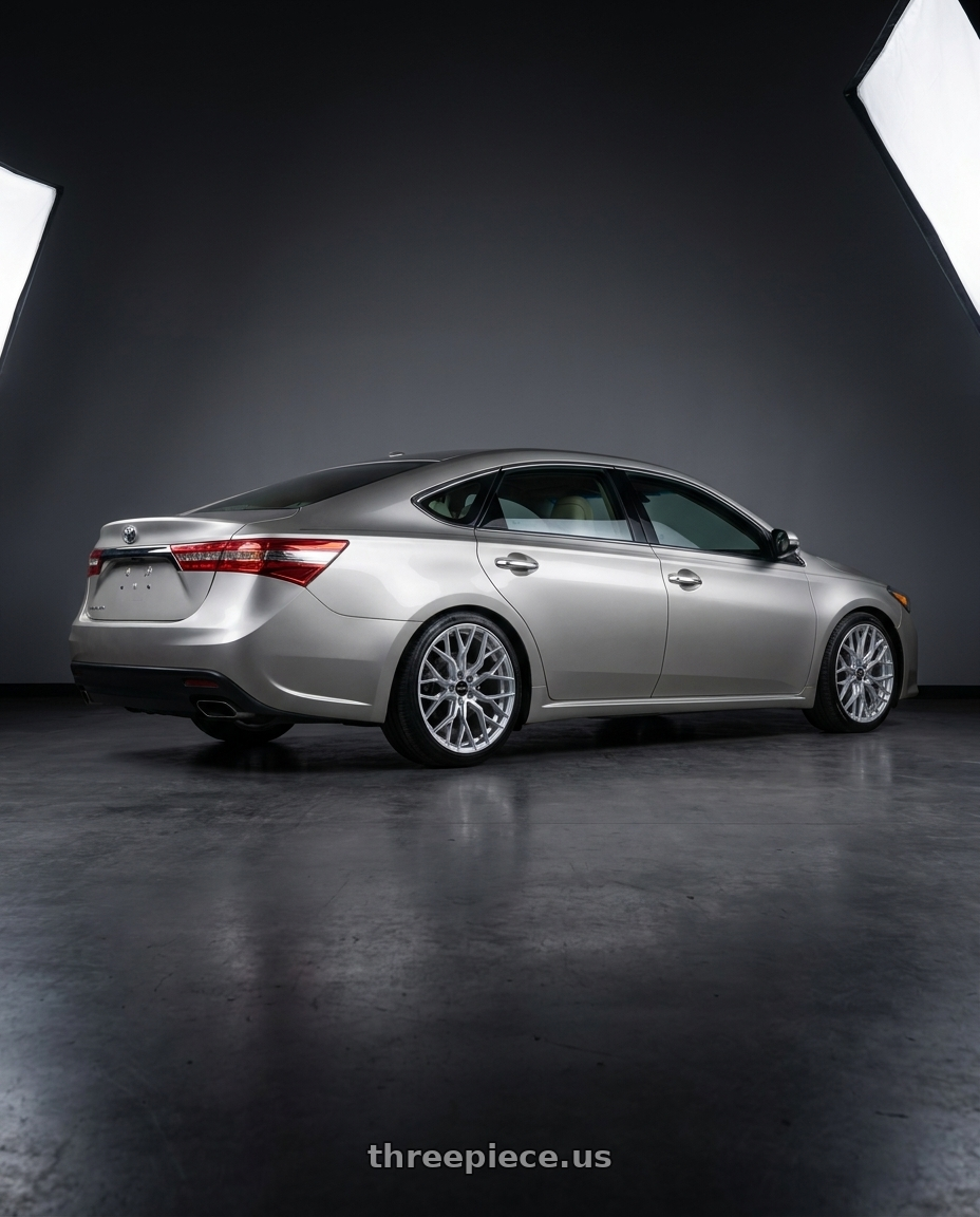 2013 toyota avalon with F1R FS3 5x114 18x8.5 +38 Machine Silver wheels rear three quarter view slight stretch tires