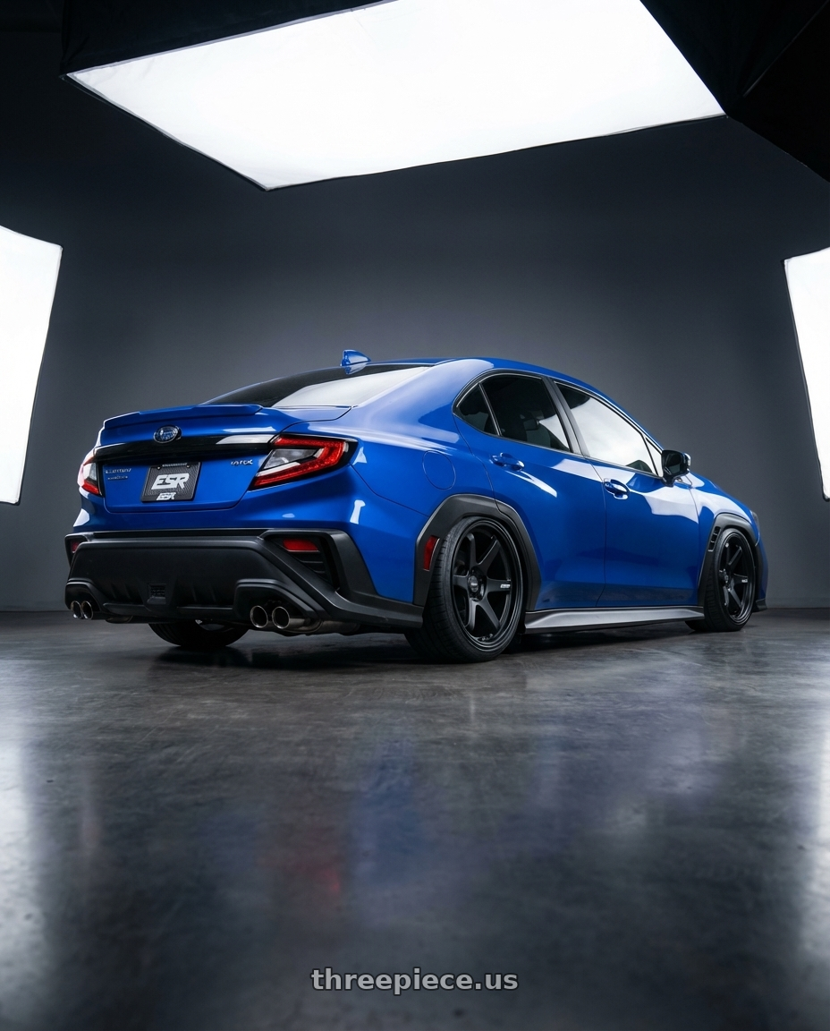 2024 Subaru WRX with ESR Wheels APEX SERIES AP6 5x114.3 19x9.5 +22 Matte Black wheels rear three quarter view slight stretch tires