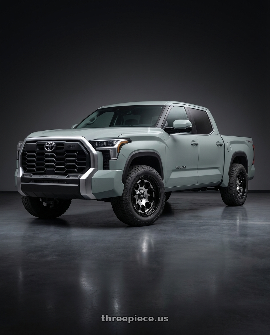 2024 Toyota Tundra with Moto Metal MO990 ROTARY 6X139.7 20X9 +0 GLOSS BLACK MACHINED wheels front three quarter view stock stance