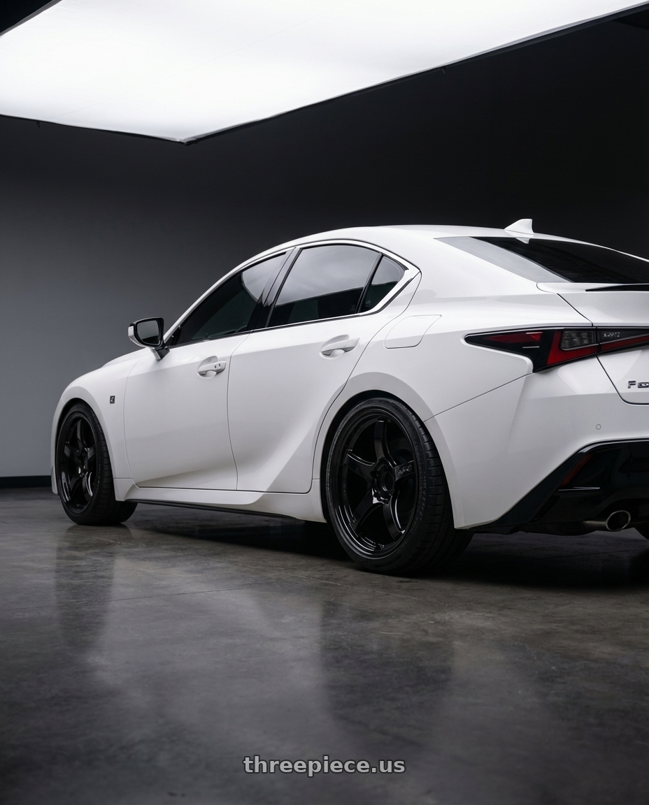 2024 Lexus IS 350 with Gram Lights 57CR 5x114.3 19x9.5+35 Glossy Black wheels rear three quarter view square tires