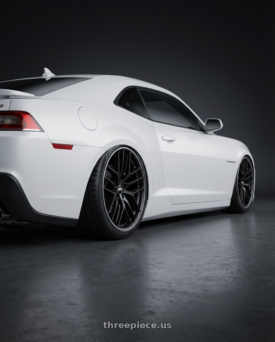 2014 Chevrolet Camaro 5th Gen with BBS CC-R 5x120 20x8.5+32 Satin Black wheels rear three quarter view slight stretch tires