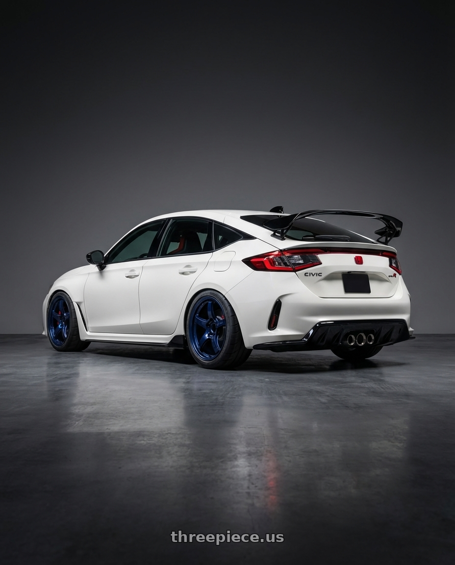 2023 civic type R with Gram Lights 57CR 5x114.3 18x9.5 +38 ETERNAL BLUE PEARL wheels rear three quarter view meaty tires
