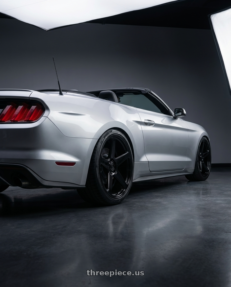 2018 ford mustang with DOLCE PERFORMANCE STELLA 5x114.3 20x10 +40 Gloss Black wheels rear three quarter view slight stretch tires