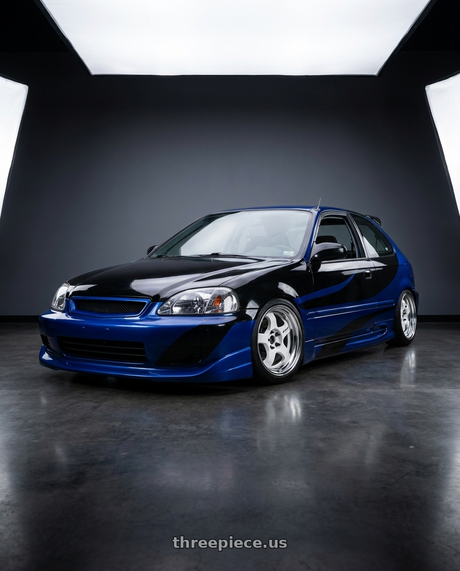 1999 Honda Civic Hatch DX, black and blue  with Work Meister S1 2P 4x100 15x6.5+38 R Disk White wheels