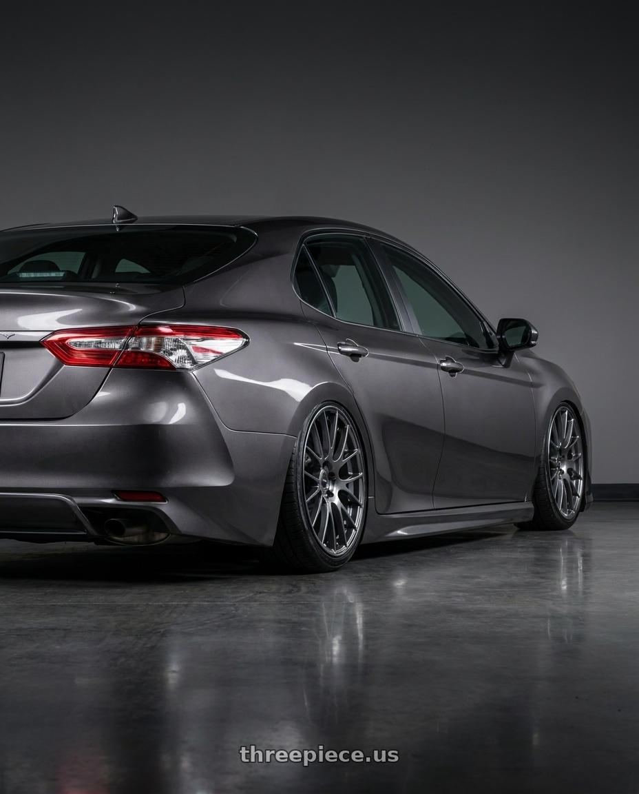 2019 Camry 8 with Ssr Gtv04 5x114.3 18×8.5x8.5+38  METALLIC GRAY wheels rear three quarter view slight stretch tires