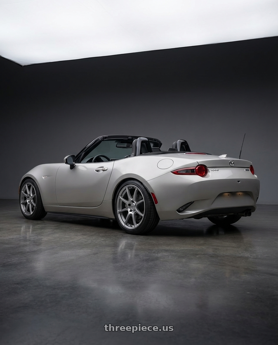2021 Mazda MX-5 Miata ND with Ssr Gtv02 5x114.3 17x7+42  GLARE SILVER wheels rear three quarter view square tires