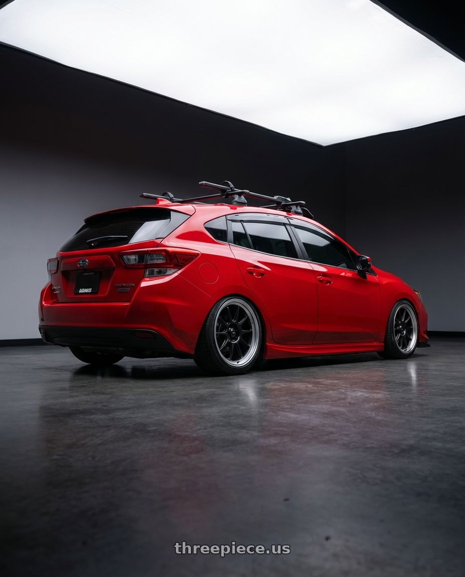 2022 Subaru Impreza Sport Hatchback  with Konig Countergram 5x100 18x8.5+40 Matte Black / Matte Machined Lip wheels rear three quarter view slight stretch tires