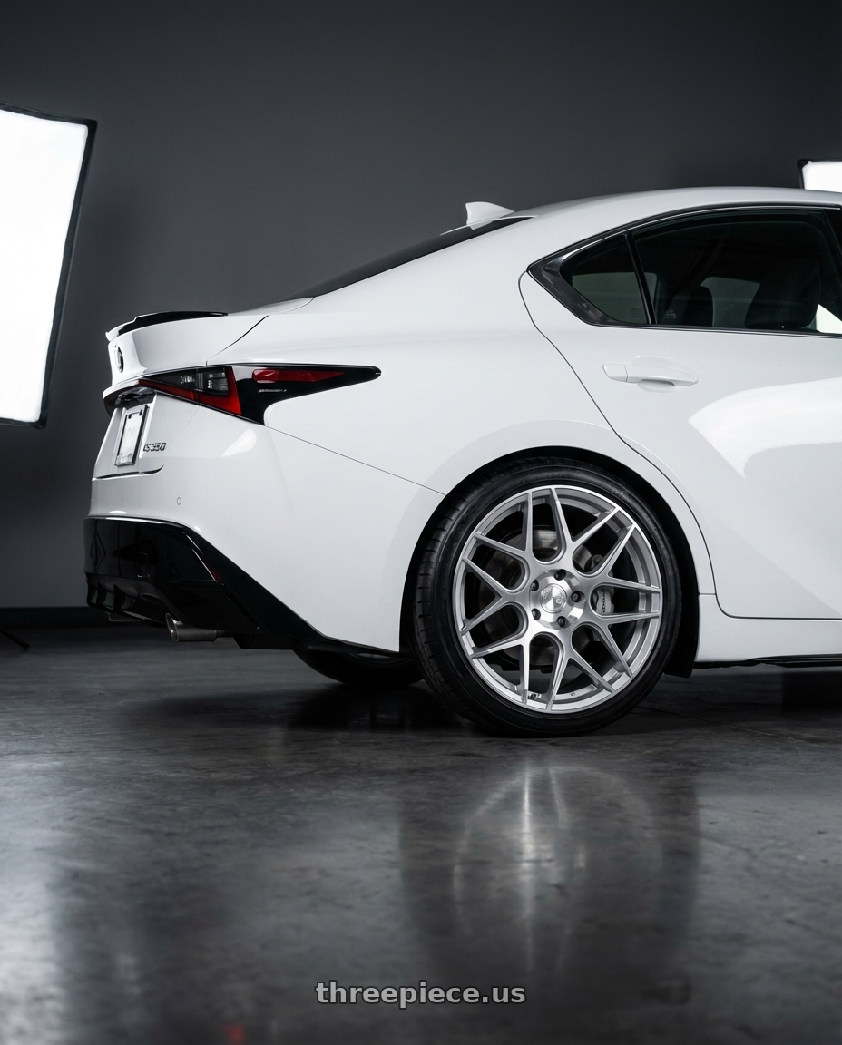 2024 Lexus IS 350 with Aodhan AFF2 5x114.3 19x9.5+35 Gloss Silver Machined Face wheels rear three quarter view square tires